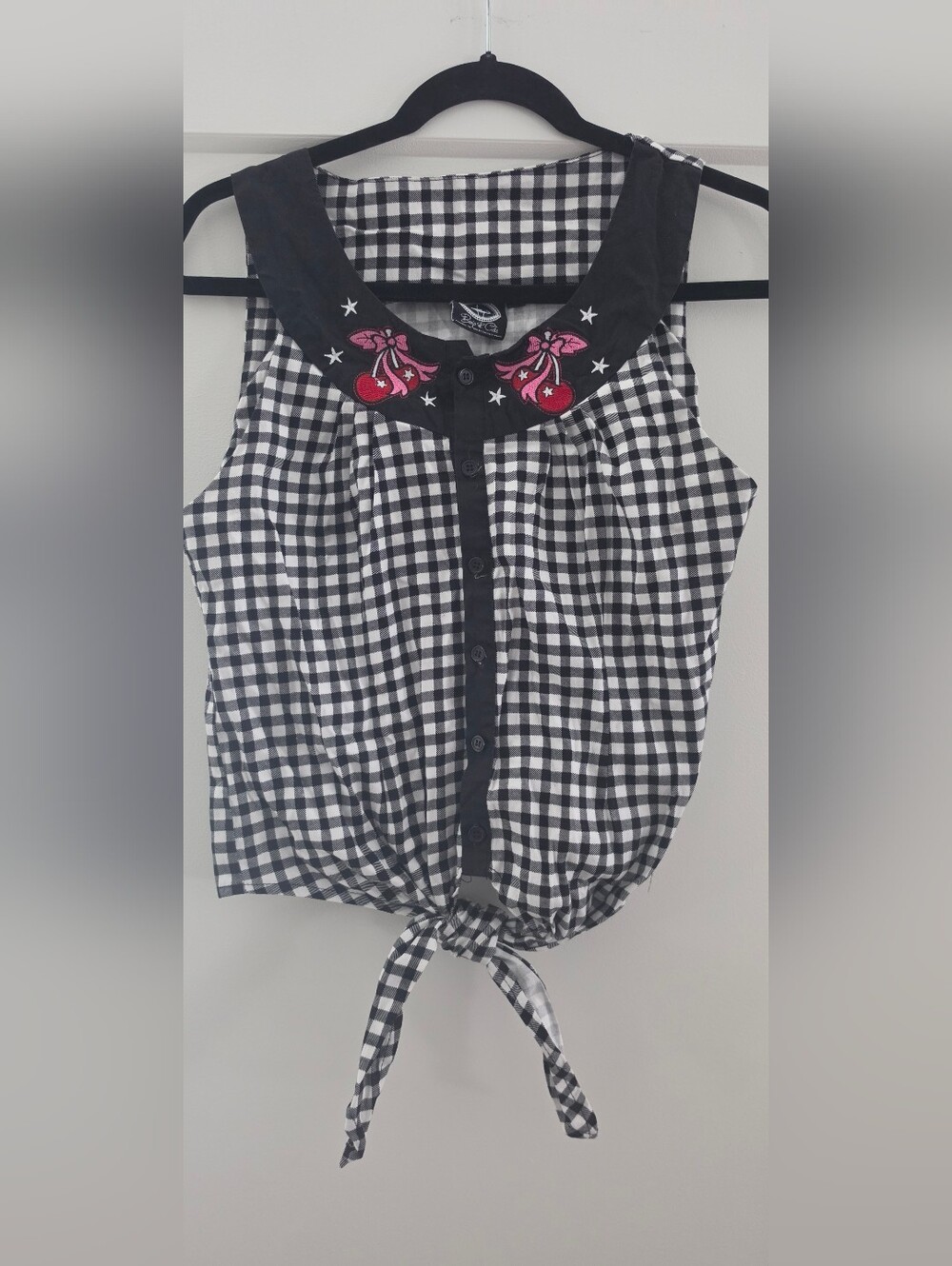 Black & White Gingham Tie-Front Cherry Top